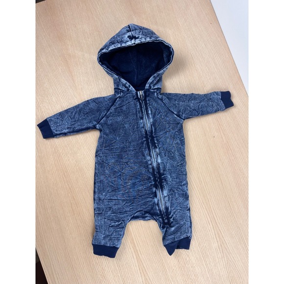 7 For All Mankind Baby Denim Look Zip Up Hooded Romper 0/3M - Picture 1 of 9